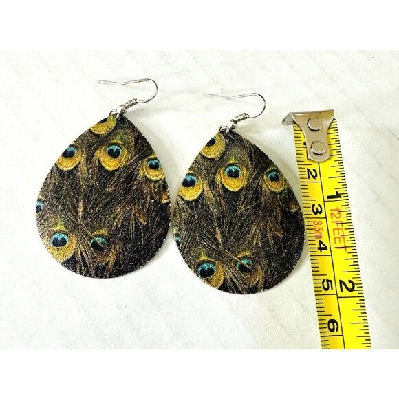 VTG Metal Peacock Bird Feather Earrings Drop Dangle Fishhook Sparkle Teardrop 2” - Picture 4 of 4